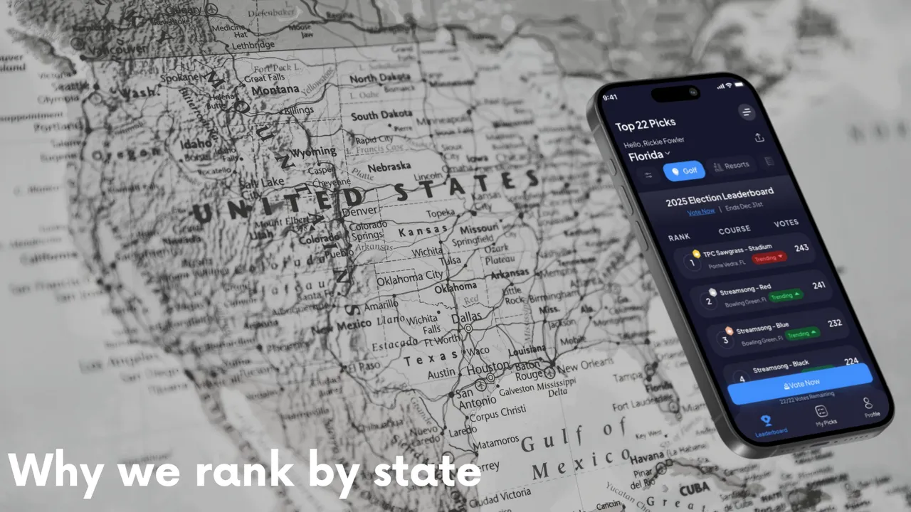United States map showing state-by-state golf course rankings across different regions